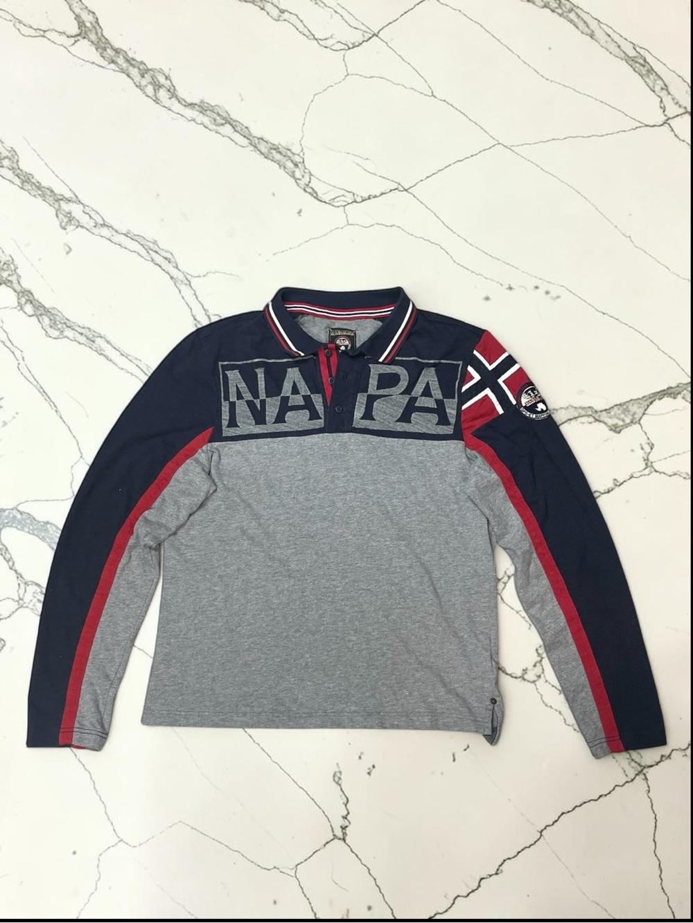 Napapijri Long sleeve Polo with Embroidered Norwegian Flag Patch sz L